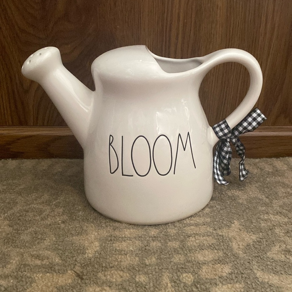 Rae Dunn "BLOOM" Ceramic Watering Can White Indoor Outdoor Ergonomic Handle